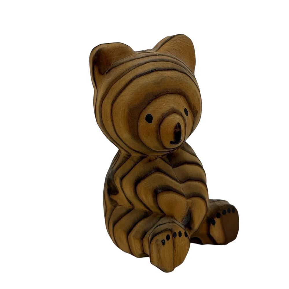Hand Carved Wooden Bear Figurine Folk Art Solid Wood Bear Sculpture 2.75”